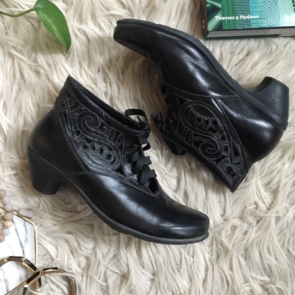 Naot Black Leather Scrollwork Booties